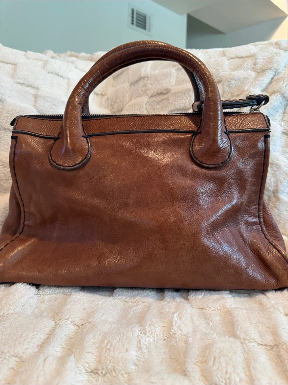 Chloe Whiskey Brown Leather Satchel with Front Buckle Pocket
